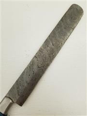 Custom Damascus Style Carving Bread Fixed Blade Blue Wood Handle Knife w/ Sheath